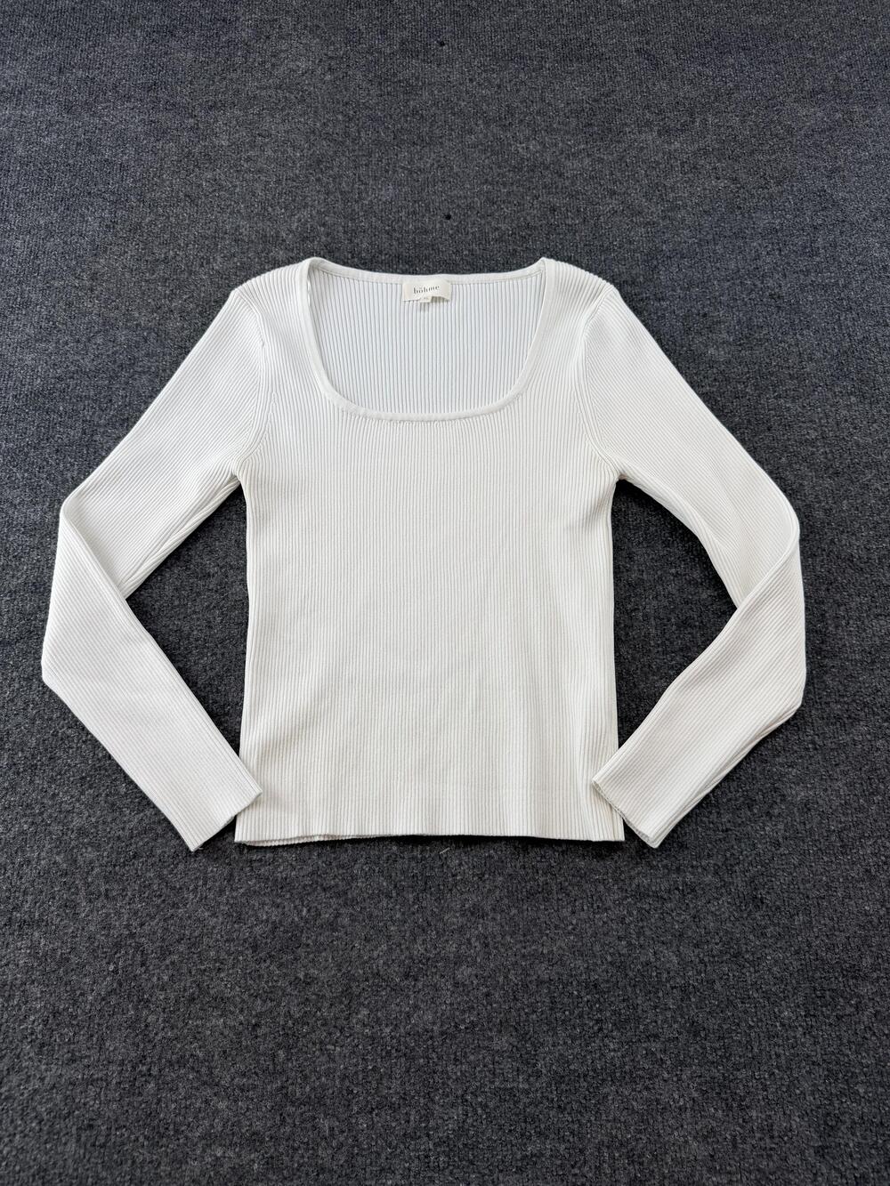 Böhme Shirt Womens XL White Ribbed Long Sleeve Square Neck Stretch Top Basic